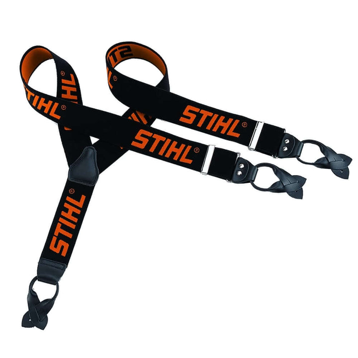 Stihl black button-on chainsaw trouser braces, adjustable and durable for tree surgeons, featuring secure button fastening.