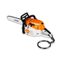A STIHL branded chainsaw keyring with orange, gray, and white colors. The keyring has a battery-operated chainsaw that makes a sound when activated.