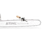 A STIHL chainsaw using the FG 4 Roller Filing Tool for sharpening, showing the tool attached to the saw chain with a wooden handle.