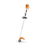 A STIHL FSA 120 R cordless trimmer with an orange blade and white and gray body on a white background.