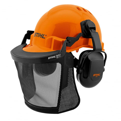 An orange STIHL chainsaw helmet set with attached ear muffs and visor.