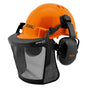 An orange STIHL chainsaw helmet set with attached ear muffs and visor.