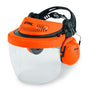 A professional-grade orange STIHL G500 PC Polycarbonate Visor with ear defenders attached, designed for comprehensive face, eyes, and ear protection.