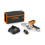 STIHL GTA 26 Cordless Battery Pruning Saw with a battery charger and a carrying case.