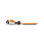 STIHL HSA 150 R cordless hedge trimmer. Professional-grade, battery-powered. Features long, double-sided cutting blades for efficient trimming. Orange and gray. Ideal for shaping hedges and shrubs
