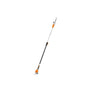 A STIHL HTA 50 cordless battery-powered pole pruner with an orange handle and black shaft.