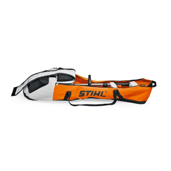 STIHL branded orange, gray, and black tool carry bag laid out on a white background.