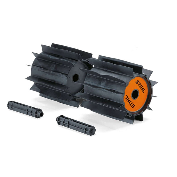 STIHL KW-MM Power Sweep attachment for KombiSystem. Rotating rubber bristles efficiently clear debris, grit, and wet leaves from pathways.