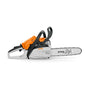 STIHL MS 162 petrol chainsaw with an orange body, gray and white accents, and a chain tensioning system.