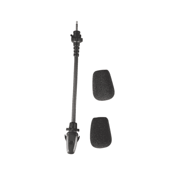 Black stihl microphone with flexible arm and two foam covers on a white background