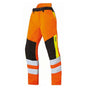 Stihl orange work pants with reflective stripes on a white background