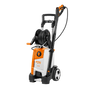 STIHL RE 130 Plus Pressure Washer, with an orange and white color scheme, featuring a wheeled base, telescopic handle, and integrated hose reel.