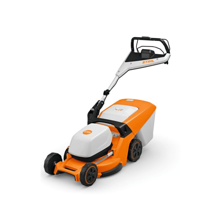 STIHL RMA 448 PV cordless lawn mower. Battery-powered, self-propelled. Orange and black, rotary blade. Used for residential lawn cutting.