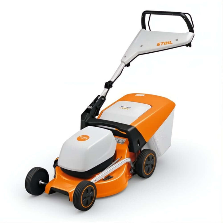 STIHL RMA 453 PV cordless lawn mower. Battery-powered, self-propelled, with orange and black body. For medium-sized lawns