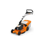 STIHL RM453.3T self-propelled petrol lawn mower with 51 cm cutting width and 2.6 kW engine for efficient mowing.