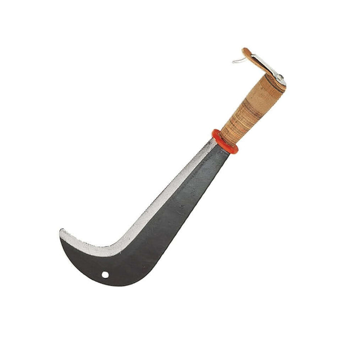 Stihl Swiss Bush Hook tool with curved blade and wooden handle for tree surgeons, ideal for clearing brush and low growth.