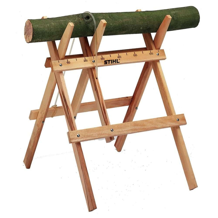 STIHL sawhorse, wood construction, supports logs for sawing, foldable design, showing natural wood grain