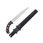 Folding saw with black handle and silver blade on a white background