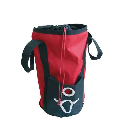 Red and black canvas rope bag with drawstring closure, ideal for tree surgeons storing climbing gear.