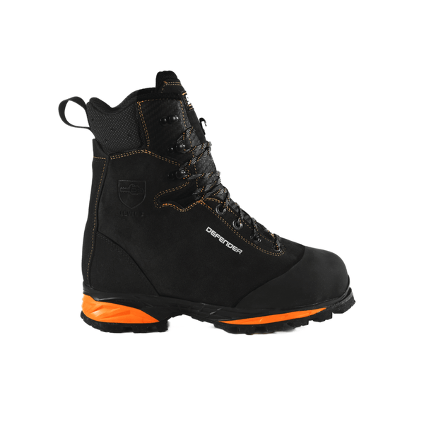 DEFENDER V2 Black Chainsaw Boots Class 2 side view featuring robust design and advanced cut-resistant protection.