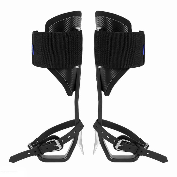 ELEVATE Tree Climbing Spikes Black designed for tree surgeons, featuring durable aluminum shank and adjustable straps.