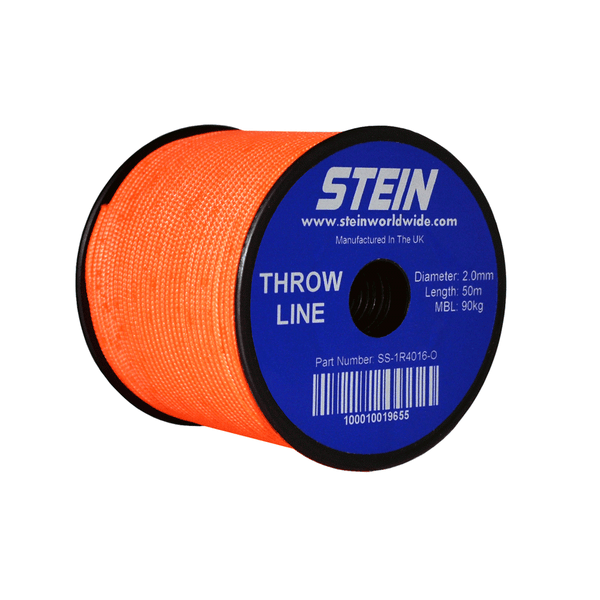 Spool of orange throw line with blue label featuring the Stein brand on a white background