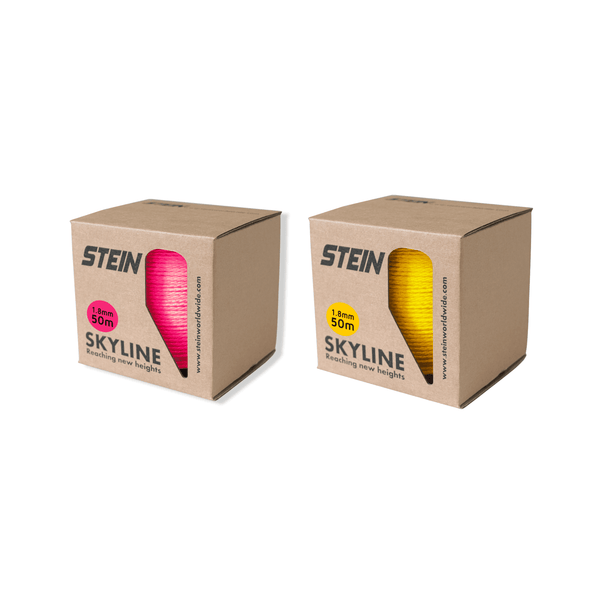 Skyline Throwline 50m boxes in pink and yellow from STEIN, showcasing professional arborist equipment.