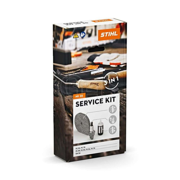 STIHL brush cutter service kit on a workbench, essential maintenance tools for tree surgeons. QR code included.