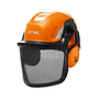 STIHL Children’s Toy Helmet for kids featuring protective mesh and ear protectors.