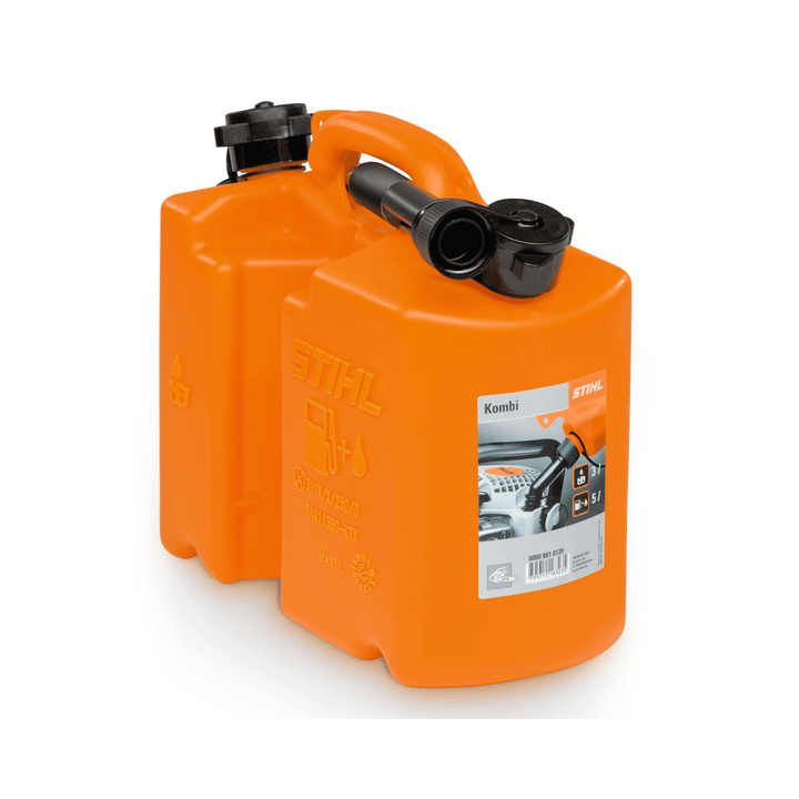 STIHL Combination Canister in orange, designed for transporting 5L fuel and 3L chain oil safely.