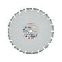 A STIHL D-B10 diamond saw blade with a light gray body, dark gray segmented teeth, and a central white label with orange and black text, shown on a plain white background.