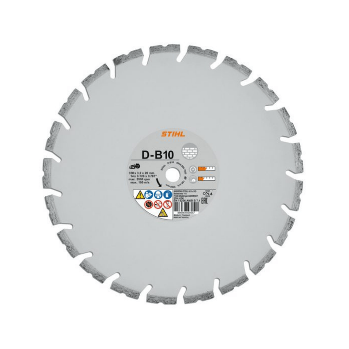 A STIHL D-B10 diamond saw blade with a light gray body, dark gray segmented teeth, and a central white label with orange and black text, shown on a plain white background.