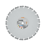 A STIHL D-B10 diamond saw blade with a light gray body, dark gray segmented teeth, and a central white label with orange and black text, shown on a plain white background.