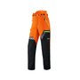 STIHL DYNAMIC DuroTEC Chainsaw Trousers Type A, Class 2 for tree surgeons, offering comfort and durability in vibrant orange and black.