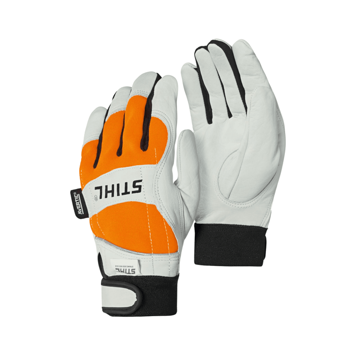 Dynamic Protect MS Chainsaw Gloves featuring durable cow hide leather and ergonomic design for forestry work.