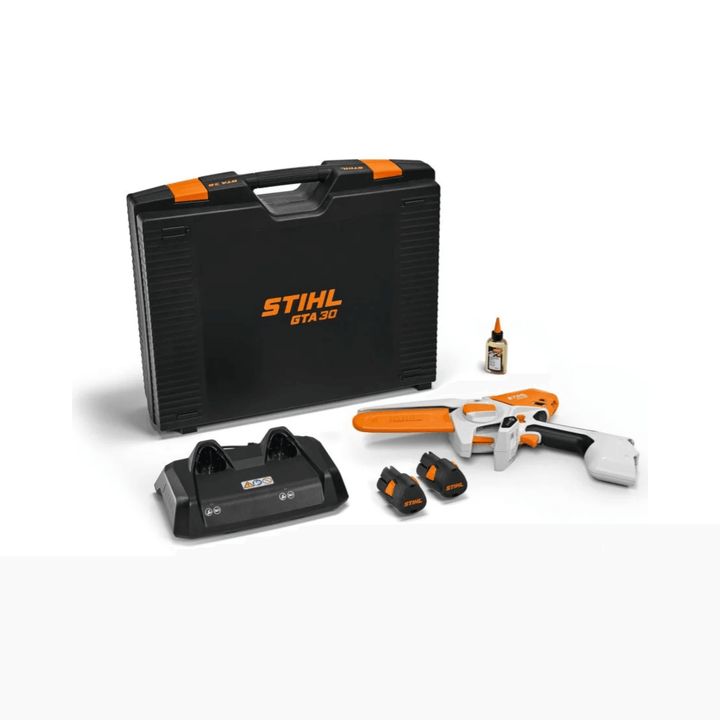 GTA 30 Cordless Battery Pruning Saw kit with case, charger, batteries, and accessory in black and orange.