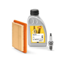Lawn Mower Service Kits including SAE 30 engine oil, air filter, and spark plug for maintenance.