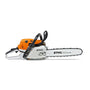 A STIHL MS 261 C-M VW Heated Handle Petrol Chainsaw with an orange body, gray and white guide bar, and black handles.