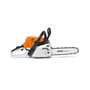 STIHL MS 231 C-BE Compact Petrol Chainsaw, predominantly white and orange, with a metallic silver chain.