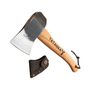 A hand axe with a natural wood handle and a dark steel head, shown alongside a black leather sheath. The handle and head are both printed with the brand name 'TATANKA'.