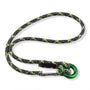 A certified friction hitch rope, with green and black strands and a movable aluminum ring, designed for arborists and tree care professionals.
