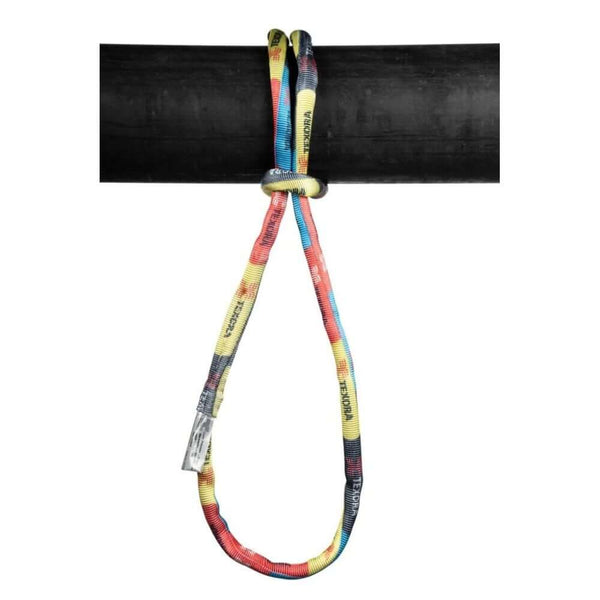 Texora Compact Multi Colour Sling securely wrapped around a pipe, showcasing its durability and vibrant design for tree surgeons.
