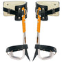 Aluminium tree climbing spikes for tree surgeons, featuring adjustable straps and padded leg support for comfort.