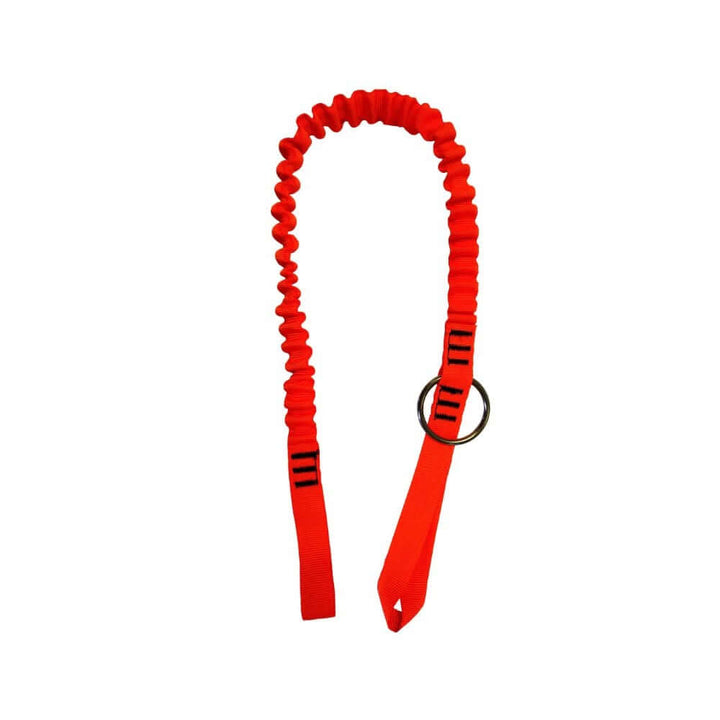 Heavy-duty red bungee chainsaw tool strop, ideal for tree surgeons, providing secure tool attachment while working.