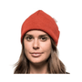 Model wearing the Beanie Classic in Autumn Red, showcasing its warm and comfortable merino wool design.