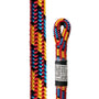 A close-up image of a colorful Yale Blue Tongue 11.7mm climbing rope showing its braided structure and a label with specifications.