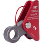 Silver ISC rope grab with fixed axle. Used for secure rope ascents. Metal construction, locking mechanism visible