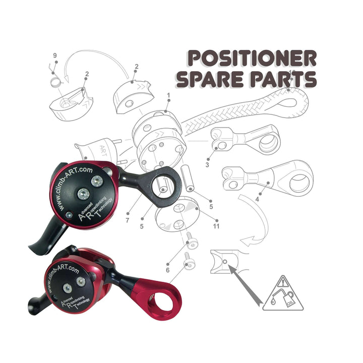 Selection of ART positioner spare parts, including components for tree surgeons, with corresponding numbered descriptions.