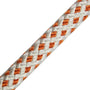 Close-up of the Teufelberger Sirius Bull rigging rope, featuring a strong double braid design in white and orange.