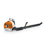A professional-grade petrol backpack leaf blower with orange, gray, and black colors, featuring a high-performance engine and a large air output tube.